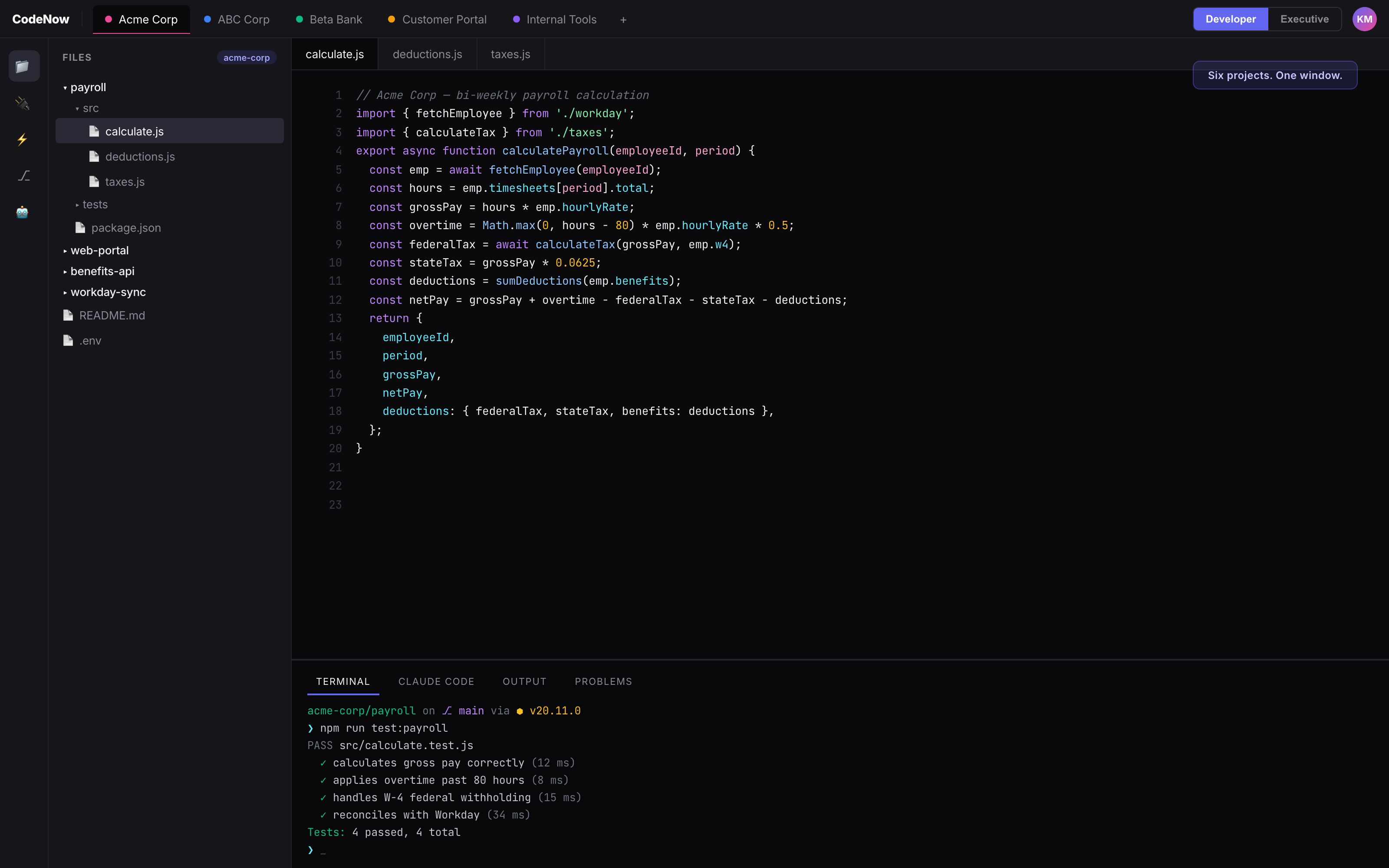 CodeNow — six projects in one window: Acme Corp, ABC Corp, Beta Bank, Customer Portal, Internal Tools