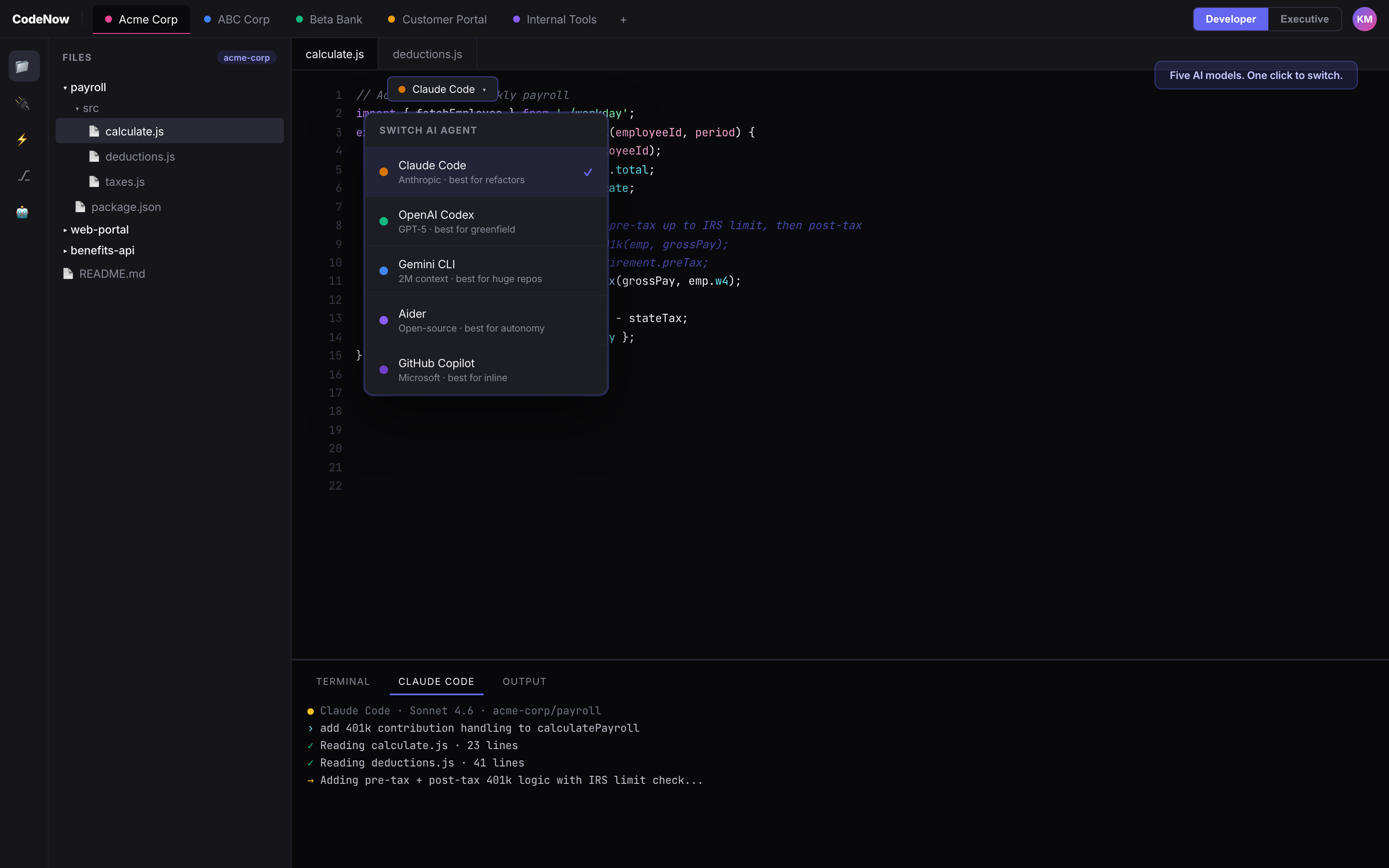 Switch AI models in one click: Claude Code, OpenAI Codex, Gemini, Aider, GitHub Copilot
