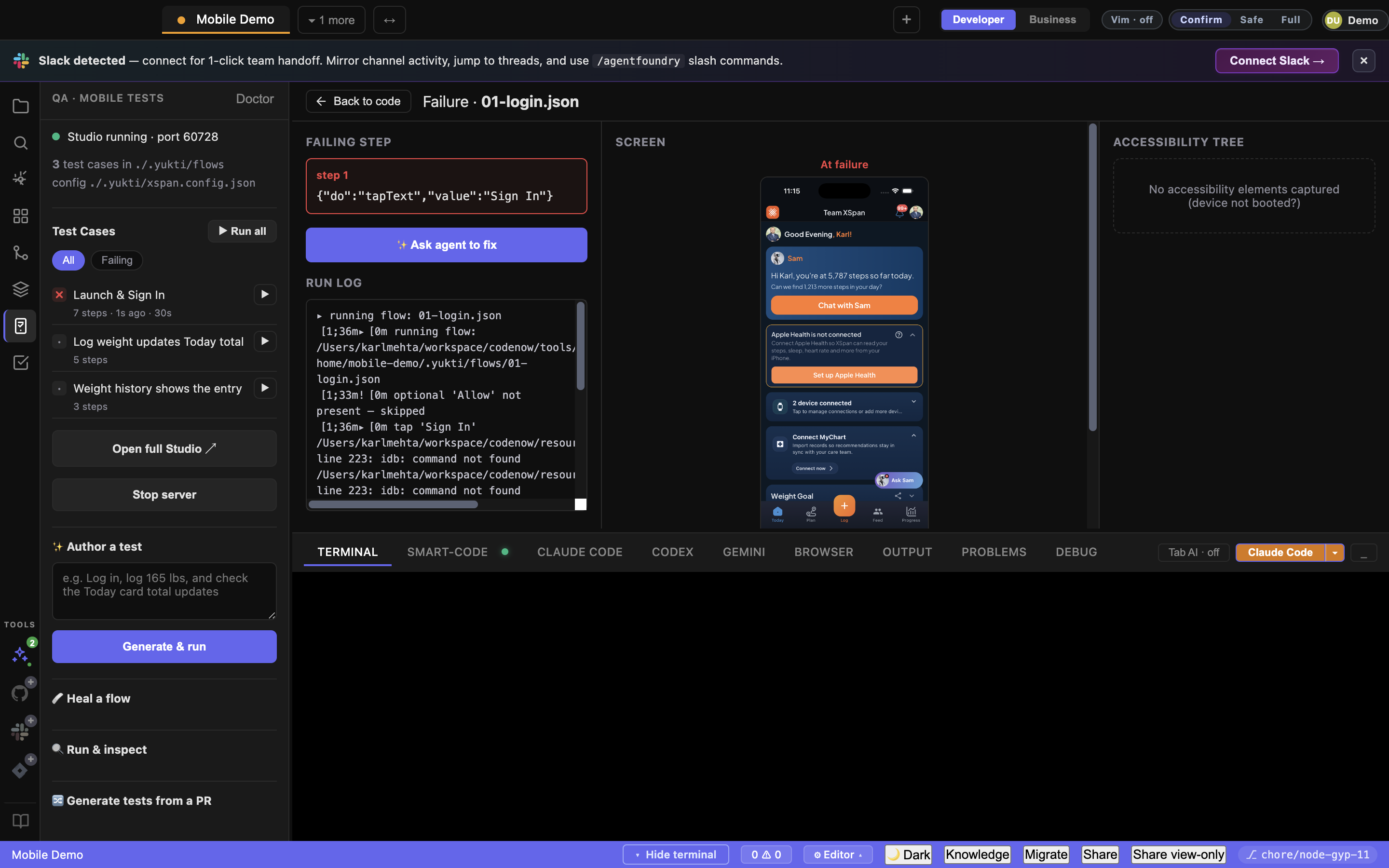 Failure Inspector — the failing step next to the screenshot at failure and the live accessibility tree, with Ask agent to fix